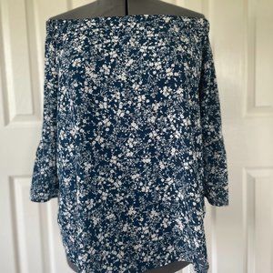 Verse, Stassi Off the Shoulder 3/4 Bell Sleeve Blouse, Blue Floral XXL